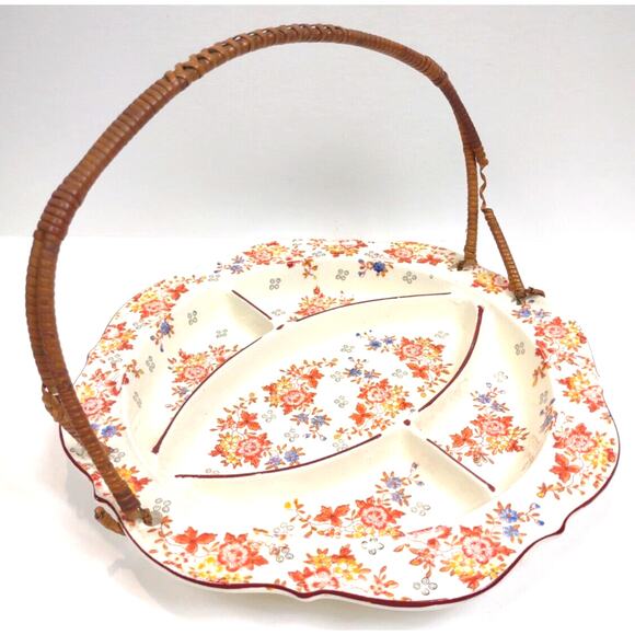 Antique Hand Painted Decorative Divided Plate Rattan Handle Made Japan Floral - Picture 7 of 10